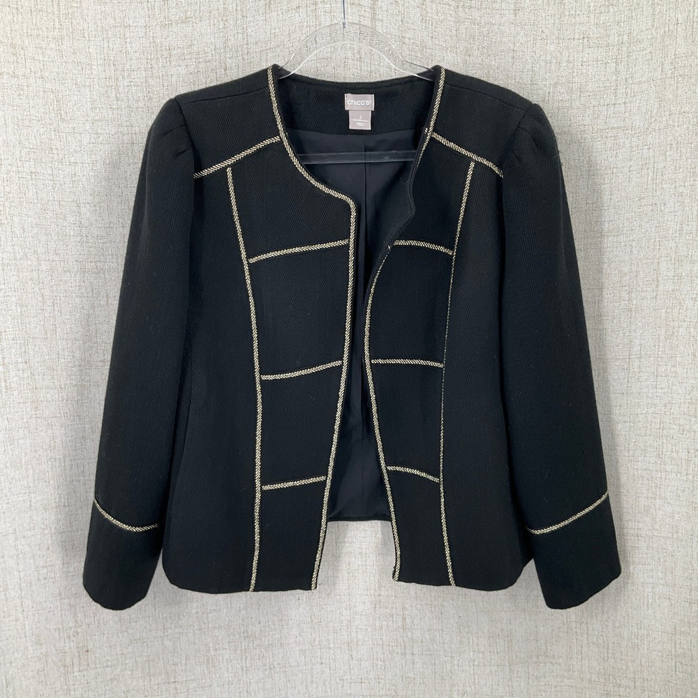 Chico's Blazer Women 2 L Black Wool Gold Metallic Trim Open Front Classic Preppy